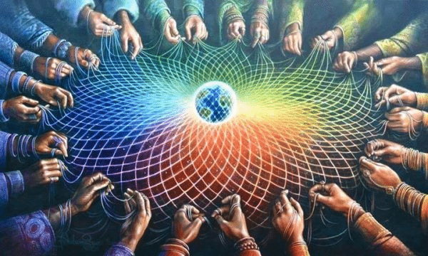 Illustration symbolique de mains humaines tissant un réseau coloré autour de la Terre, représentant l’unité, la collaboration et l’interconnexion entre les peuples.