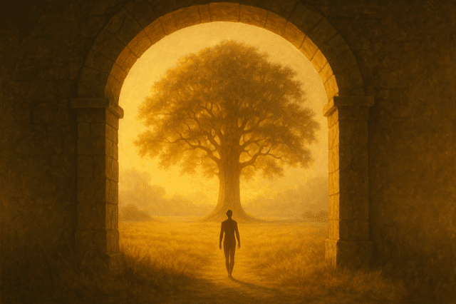 Silhouette humaine marchant sous une arche vers un arbre illuminé par une lumière dorée, dans un paysage symbolique de paix et de spiritualité.