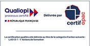 Certificat Qualiopi processus certifié, délivré par OPAC Certif, mentionnant L.6313-1 - 1° Actions de formation.