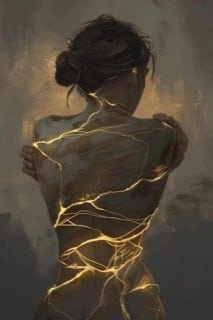 Dos de femme aux fissures dorées lumineuses type kintsugi, s'enlaçant dans une ambiance sombre.
